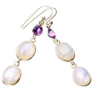 StarGems  Natural Rainbow Moonstone And Amethyst Handmade 925 Sterling Silver Earrings 2" D7254