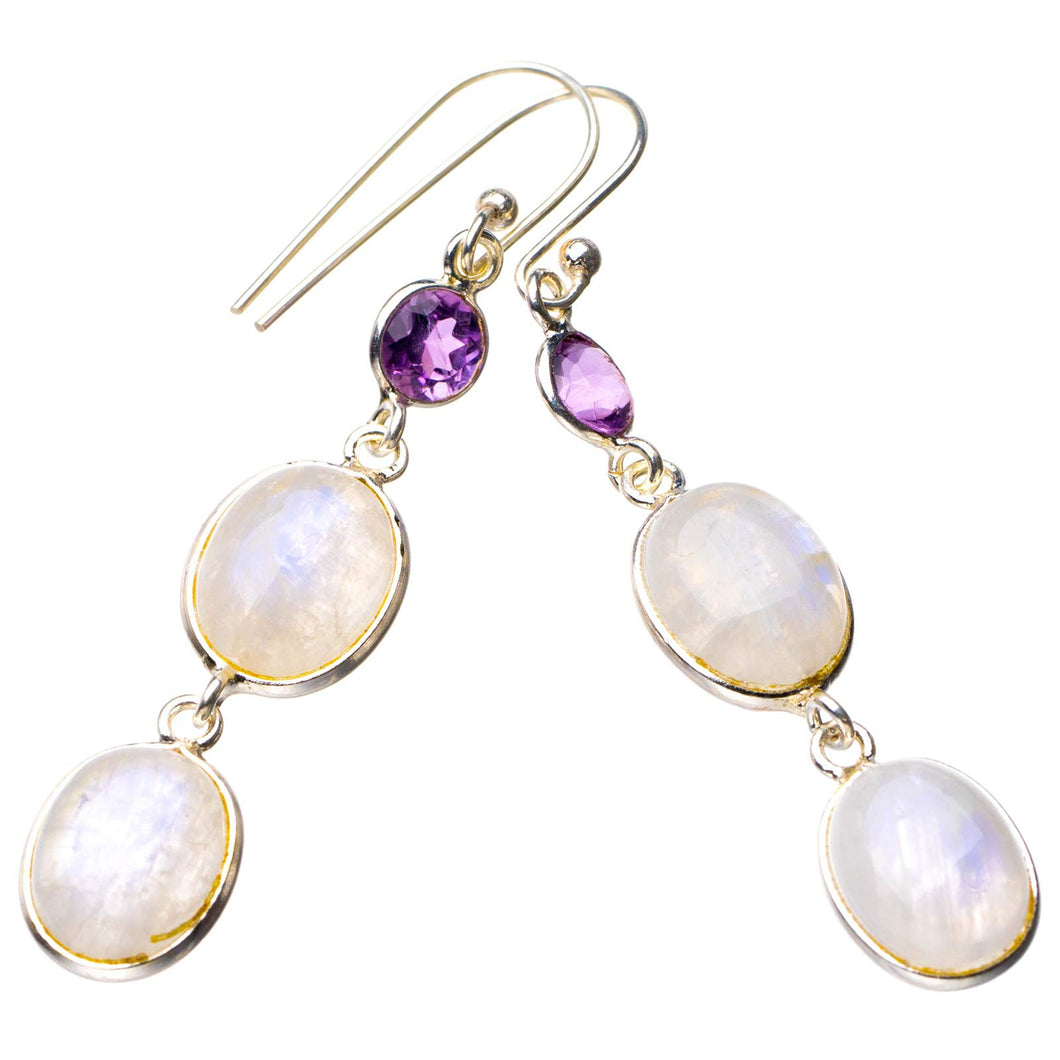 StarGems  Natural Rainbow Moonstone And Amethyst Handmade 925 Sterling Silver Earrings 2