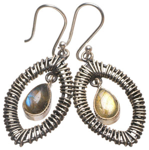 StarGems  Natural Blue Fire Labradorite Handmade Eye Shape 925 Sterling Silver Earrings 1 3/4" T4150