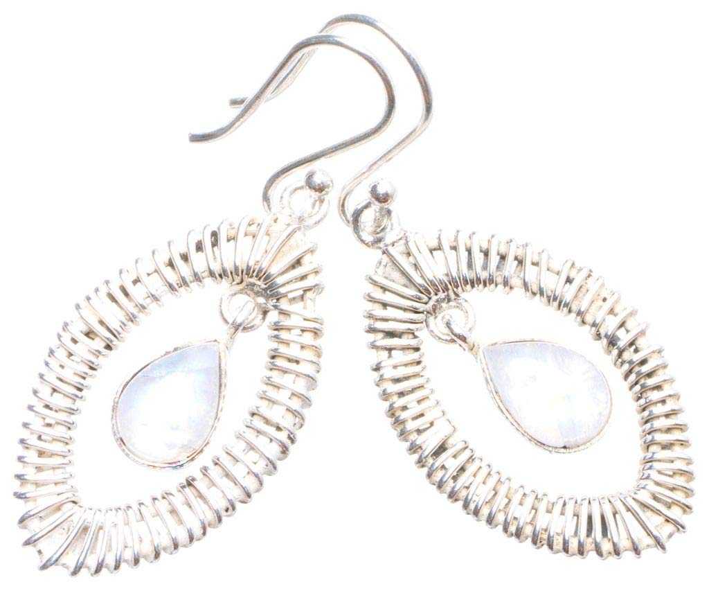 StarGems  Natural Rainbow Moonstone Handmade Unique Eye Shape 925 Sterling Silver Earrings 1.75