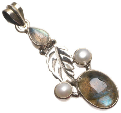 StarGems® Natural Labradorite and River Pearl Handmade Vintage Leaf Shape 925 Sterling Silver Pendant 2