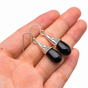 StarGems  Natural Black Onyx Handmade 925 Sterling Silver Earrings 1.75" D3902