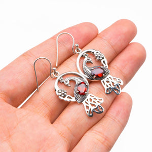 StarGems® Natural Garnet Peacock Handmade 925 Sterling Silver Earrings 1.75" D3898