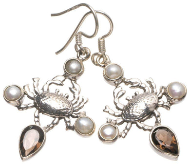 StarGems® Natural Smoky Quartz and River Pearl Crab 925 Sterling Silver Earrings 1 1/2