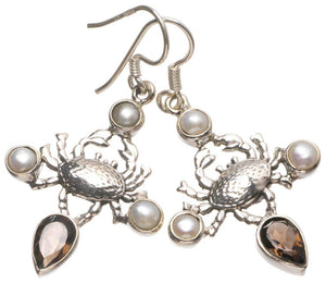 StarGems® Natural Smoky Quartz and River Pearl Crab 925 Sterling Silver Earrings 1 1/2" T3352