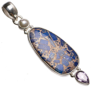 StarGems® Natural Copper Chalcedony,River Pearl and Amethyst Unique 925 Sterling Silver Pendant 2 1/4" T1573