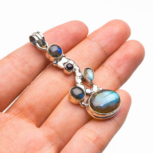 StarGems  Natural Blue Fire Labradorite And Amethyst Handmade 925 Sterling Silver Pendant 2.25" D2064