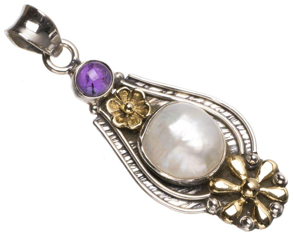 StarGems  Natural Two Tones River Pearl and Amethyst Handmade Mexican Flower Shape 925 Sterling Silver Pendant 2