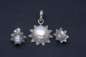 StarGems  Natural River Pearl Handmade Unique 925 Sterling Silver Jewelry Set Pendant 1.25" Stud 0.5" A3697