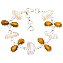 StarGems  Natural Biwa Pearl and Tiger Eye Handmade Unique 925 Sterling Silver Bracelet 6.25-7.5" A2898