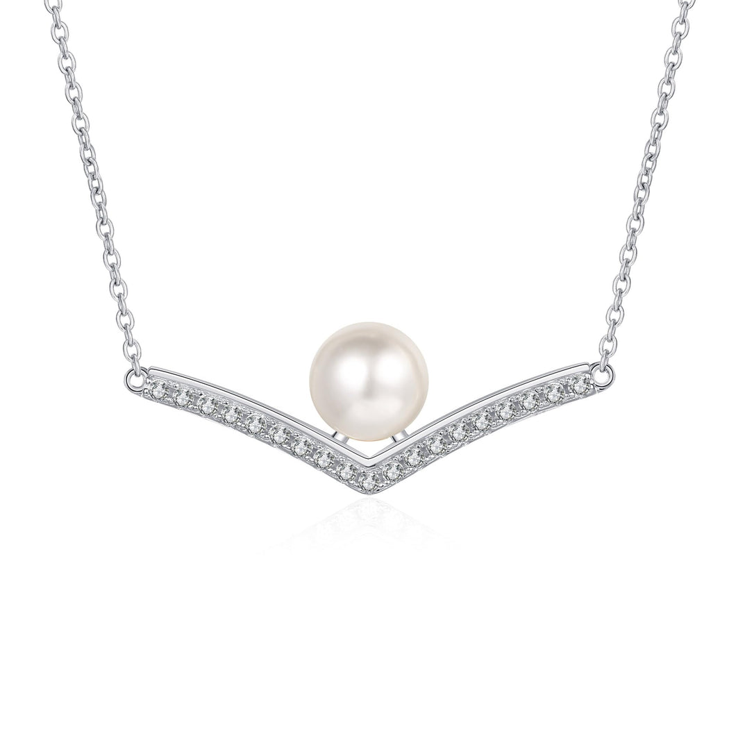 StarGems® 8mm River Pearl V Shaped Minimalist 0.285cttw Moissanite 925 Silver Platinum Plated Necklace 40+5cm NX087