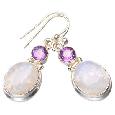 StarGems  Natural Rainbow Moonstone And Amethyst Handmade 925 Sterling Silver Earrings 1.5