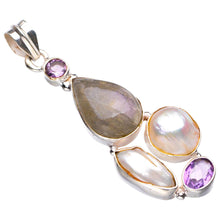 StarGems  Natural Blue Fire Labradorite,Biwa Pearl And Amethyst Handmade 925 Sterling Silver Pendant 2.25" D5654