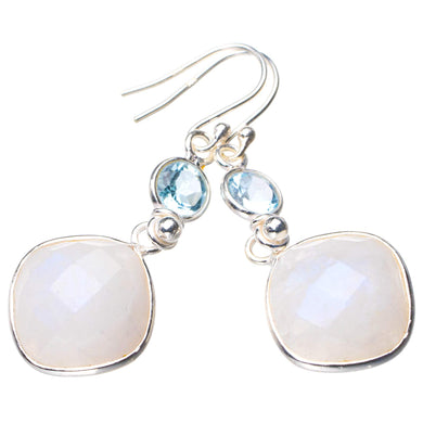 StarGems  Natural Rainbow Moonstone And White Topaz Handmade 925 Sterling Silver Earrings 1.75