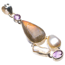 StarGems  Natural Blue Fire Labradorite,Biwa Pearl And Amethyst Handmade 925 Sterling Silver Pendant 2.25" D1991