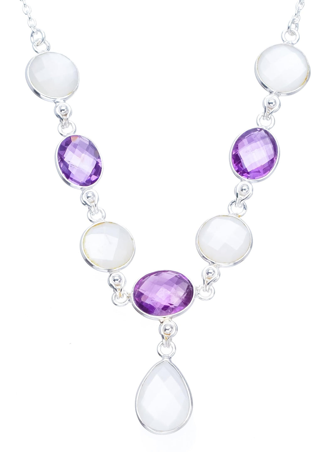 StarGems® Natural Cat Eye and Amethyst Handmade Boho 925 Sterling Silver Y-Shaped Necklace 17.75