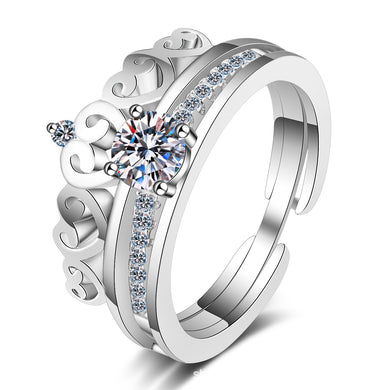 hesy 0.5ct Moissanite 925 Silver Platinum Plated&Zirconia Crown-Shape Double Row Ring B4565