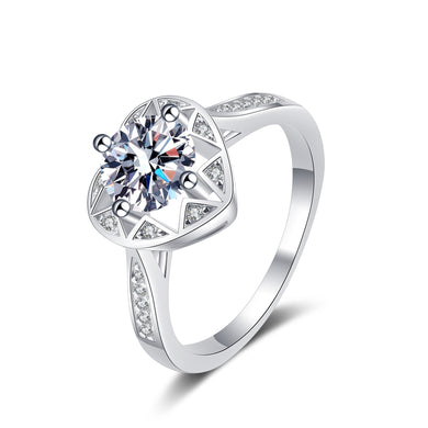 hesy 1ct Moissanite 925 Silver Platinum Plated&Zirconia Surrounded Hollow Out Heart-Shape Ring B4549