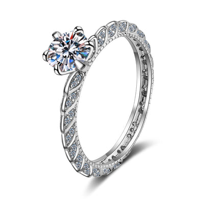 hesy 1ct Moissanite 925 Silver Platinum Plated Hollow-out Band Zirconia-Inlay Ring B4531