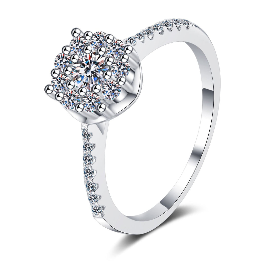 hesy®0.2ct Surrounded By 0.04ct*9 Moissanite 925 Silver Platinum Plated&Zirconia Litght-shape Ring B4524