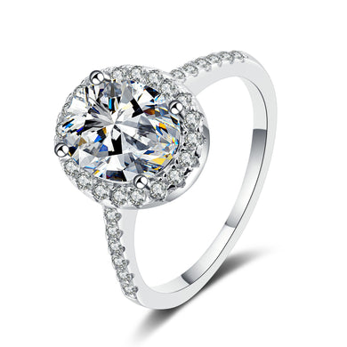 hesy 1-2ct Moissanite 925 Silver Platinum Plated&Zirconia Surrounded Oval-Shape Ring B4508