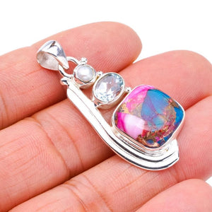 StarGems  Copper Chalcedony River Pearl And Blue Topaz Handmade 925 Sterling Silver Pendant 1.75" F3777