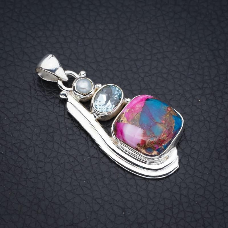 StarGems  Copper Chalcedony River Pearl And Blue Topaz Handmade 925 Sterling Silver Pendant 1.75