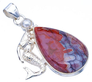 StarGems Crazy Lace Agate River Pearl Mermaid Handmade 925 Sterling Silver Pendant 1.75" F4435