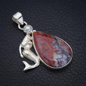 StarGems Crazy Lace Agate River Pearl Mermaid Handmade 925 Sterling Silver Pendant 1.75" F4435