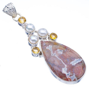 StarGems Crazy Lace Agate Citrine And River Pearl Handmade 925 Sterling Silver Pendant 2.5" F4264