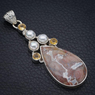 StarGems Crazy Lace Agate Citrine And River Pearl Handmade 925 Sterling Silver Pendant 2.5