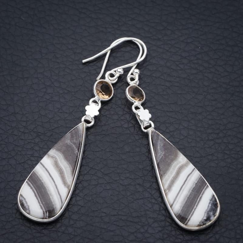 StarGems Zebra Calcite Citrine Handmade 925 Sterling Silver Earrings 2.25