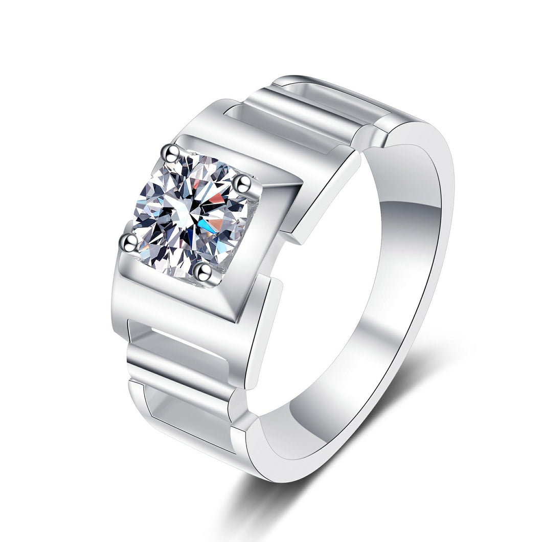 StarGems  Four Prong Hollow-Out Band For Man 1ct Moissanite 925 Silver Platinum Plated Ring RX079