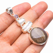 StarGems  Natural Blue Fire Labradorite,Biwa Pearl And Amethyst Handmade 925 Sterling Silver Pendant 2.25" D1719