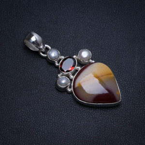 StarGems  Natural Royal Imperial Jasper,Garnet and River Pearl Vintage 925 Sterling Silver Pendant 2" T0315