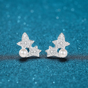 StarGems® 7mm AAAA Pearls&Mosaic Leaves 0.68cttw Moissanite 925 Silver Platinum Plated Stud Earrings EX054