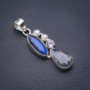 StarGems  Natural Blue Fire Labradorite,River Pearl And Amethyst Handmade 925 Sterling Silver Pendant 1.75" D5351