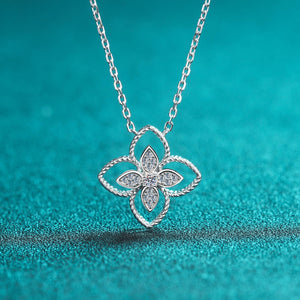 StarGems  Hollow-Out Four-Leaf Clover 0.04cttw Moissanite 925 Silver Platinum Plated Necklace 40+5cm NX098
