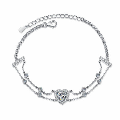 StarGems® Heart-Shape Zircon 1ct Moissanite 925 Sterling Silver Platinum Plated Adjustable Bracelet For Women 16+5cm  BX013