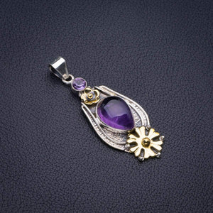 StarGems  Natural Two Tones 18K Gold Plated Amethyst Flower Handmade 925 Sterling Silver Pendant 2" D2151