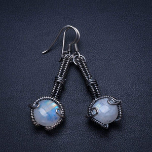 StarGems  Natural Rainbow Moonstone Handmade Boho 925 Sterling Silver Earrings 2" T4724