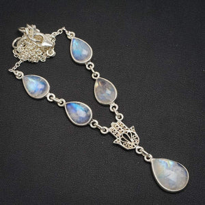 StarGems  Natural Rainbow Moonstone Handmade Unique 925 Sterling Silver Necklace 15.75+1.5" A3156