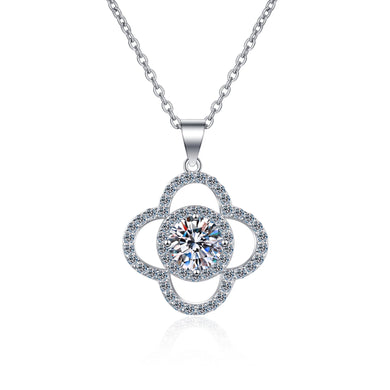 StarGems® Hollow-Out Four-Leaf Clover 1ct Moissanite 925 Silver Platinum Plated Necklace 40+5cm NX111