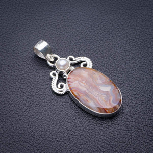 StarGems® Natural Crazy Lace Agate And River Pearl Handmade 925 Sterling Silver Pendant 1.75" D5800