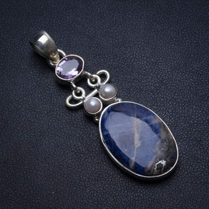 StarGems  Natural Navy Sodalite,River Pearl and Amethyst Handmade Vintage 925 Sterling Silver Pendant 2 1/4" T2390