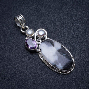 StarGems® Natural Pinolith Jasper,Amethyst and River Pearl Handmade 925 Sterling Silver Pendant 2" T2800