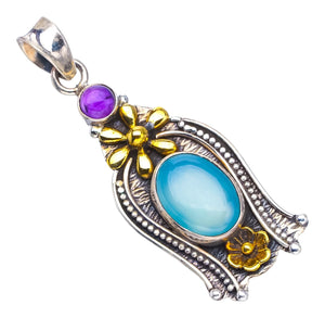 StarGems  Natural Two Tones Chalcedony and Amethyst Handmade Boho Flower Shape 925 Sterling Silver Pendant 2" S0844