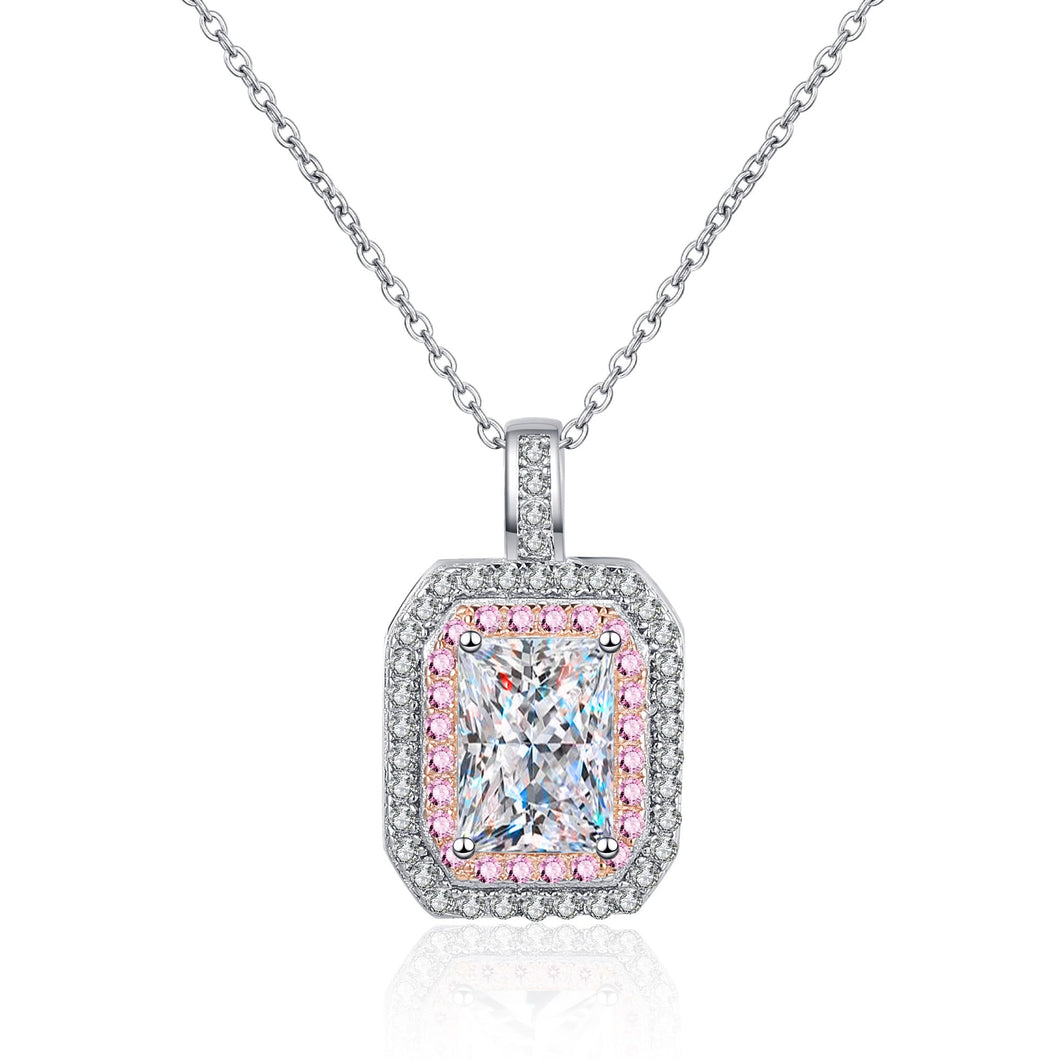 StarGems® Double-Layer Pink Radiant Cut 1ct Moissanite 925 Silver Platinum Plated Necklace 40+5cm NX094