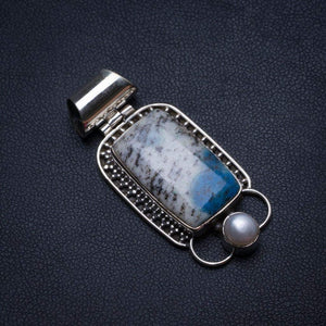 StarGems  Natural K2 Azurite and River Pearl Handmade Boho 925 Sterling Silver Pendant 1 1/2" T2769