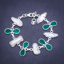 StarGems® Natural Biwa Pearl and Chrysoprase Handmade Unique 925 Sterling Silver Bracelet 6.25-7.5" A3009